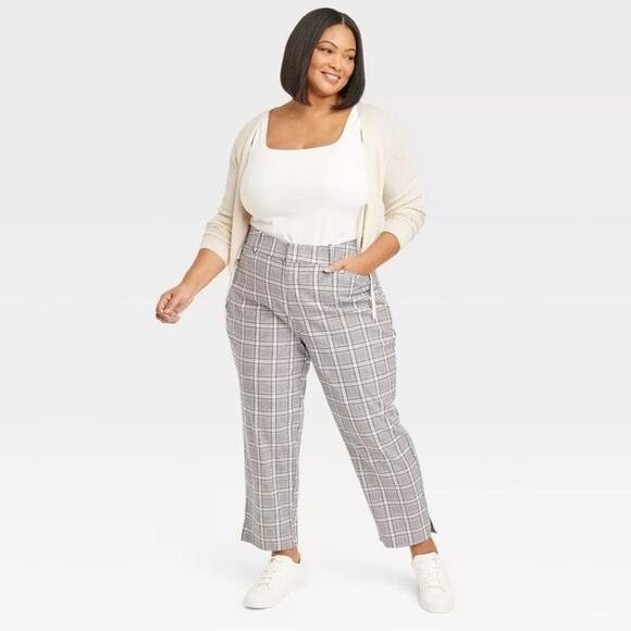 Ava & Viv Women's Cream Plaid High Rise Ankle Tapered Pants Size 24 - Picture 1 of 6